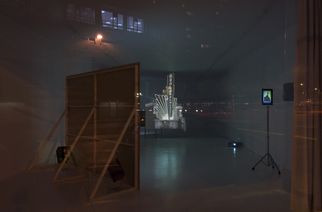 Real World Theater - closed for remodeling, Installation (view from outside the gallery) at Lionel Hustinx, arts contemporains, Liège, Belgium, 2008